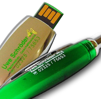 Werbeartikel bedruckt. Ein bedruckter USB-Stick und Kugelschreiber (bedruckter Streuartikel) für die Provinzial Herne (Wanne-Eickel / Röhlinghausen).